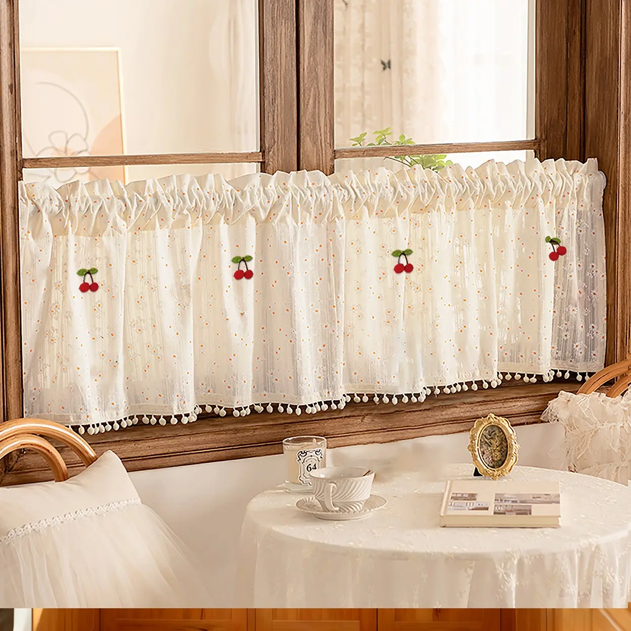 French Country Daisy and Cherry Short Curtain, Semi-Transparent Rod Pocket, 100% Polyester, Kitchen, Porch, Entryway Decor, Home Decoration Curtain