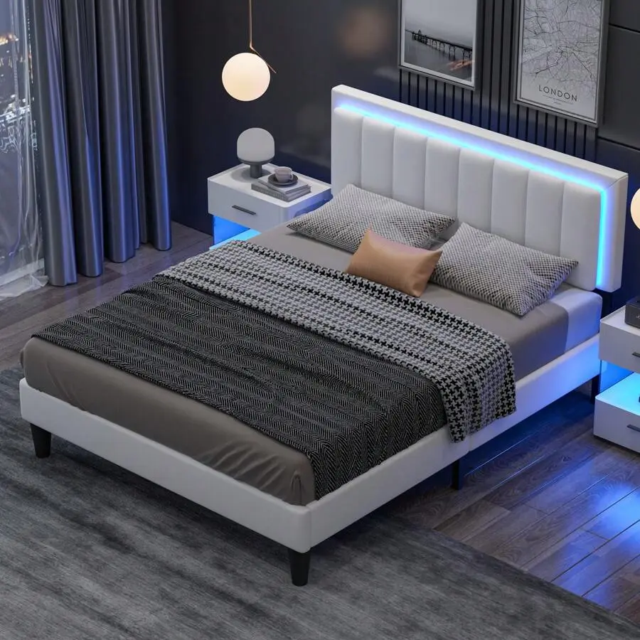Bed Frame Queen, Upholstered Queen Bed Frame, PU Leather Floating Bed With LED Light, Under Strage Space, No Box Spring Needed, Full/Queen/King, White/Black (USB LED Strip)