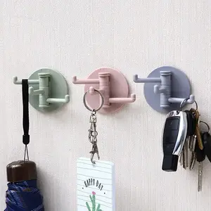 5pcs/10pcs Invisible Adhesive 3-Branch Rotating Hooks, Kitchen Bathroom Wall Hooks, Home Neutral Color Hooks, Easy Install, No Drilling