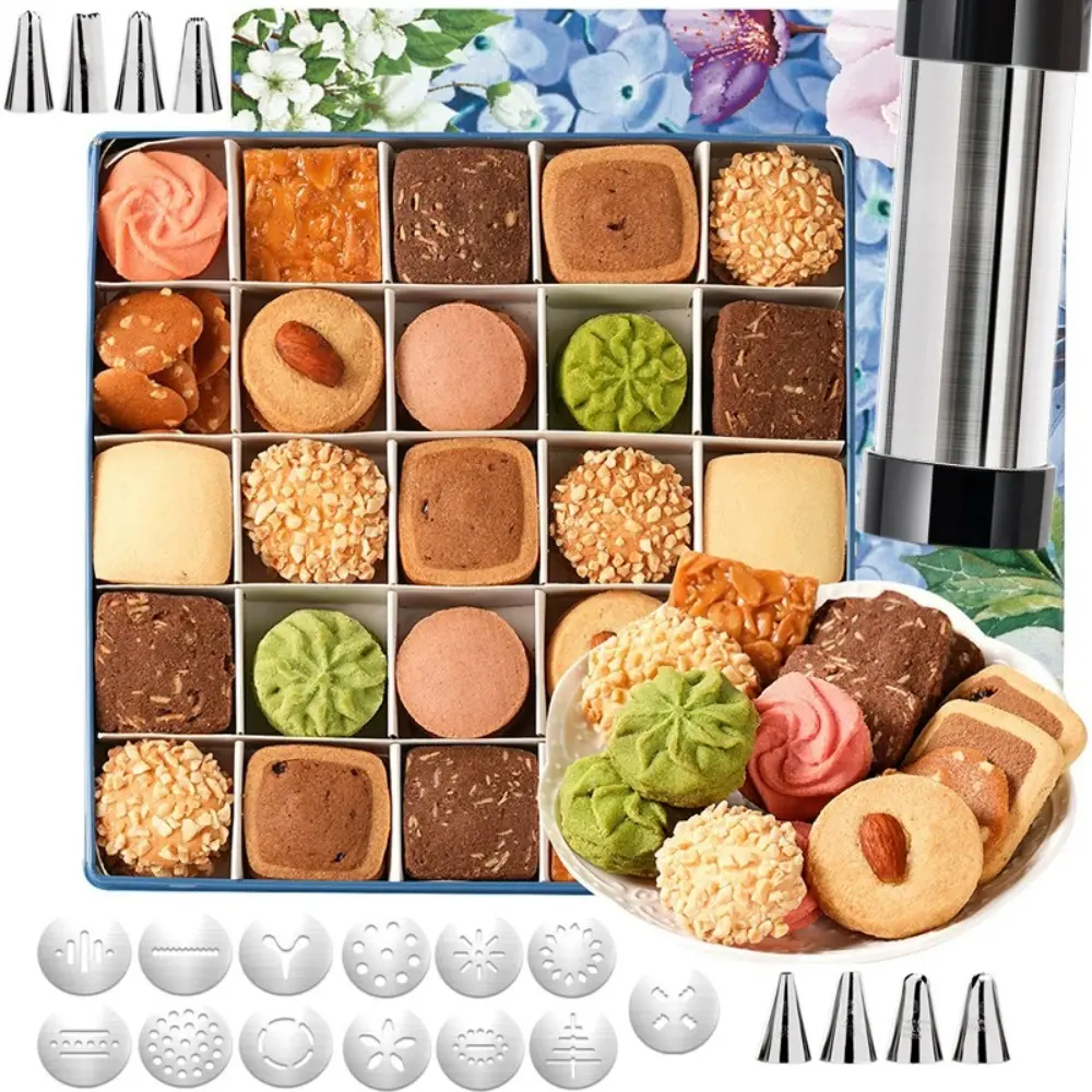 22pcs Stainless Steel Cookie Maker/Large-Capacity/Easy to Use & Clean/Interchangeable Discs for Multiple Shapes/Versatile Pastry Maker for Cookies, Cakes & Tarts/Fun Family Baking Tool