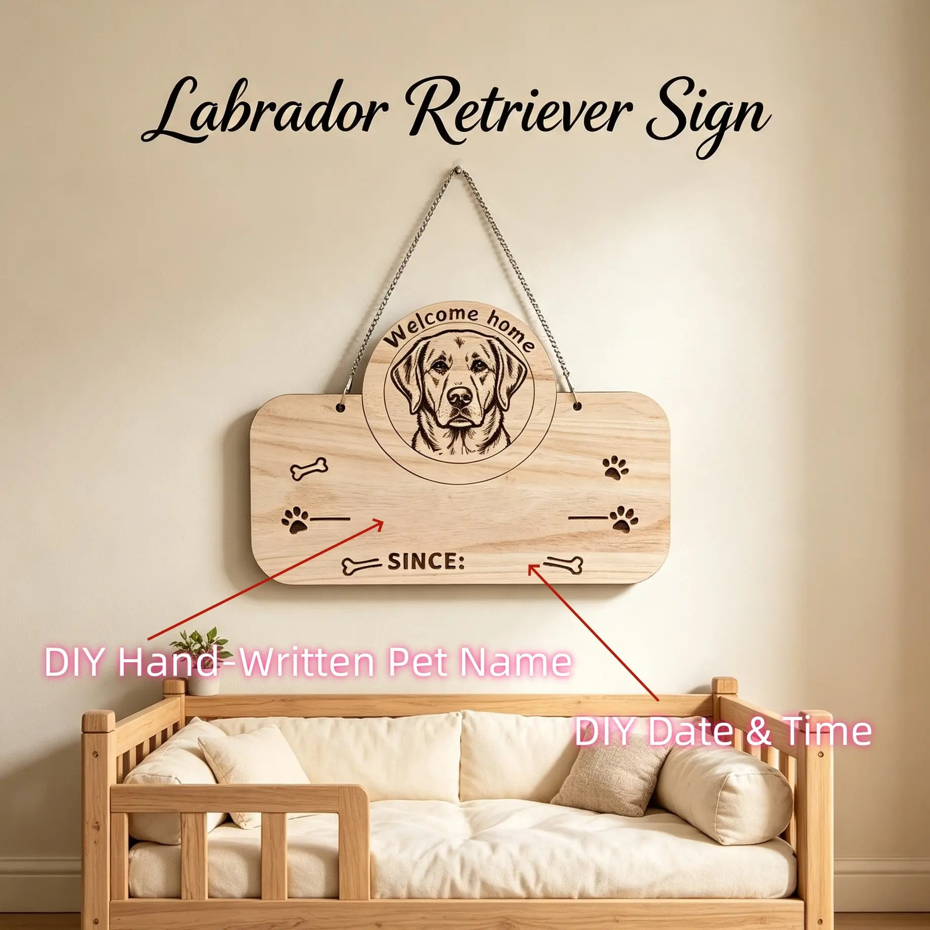 Labrador Pet Wooden Memorial Plaque, DIY Handwritten Dog Name and Arrival Date, Natural Wood Texture, Laser Engraved Hanging Decoration