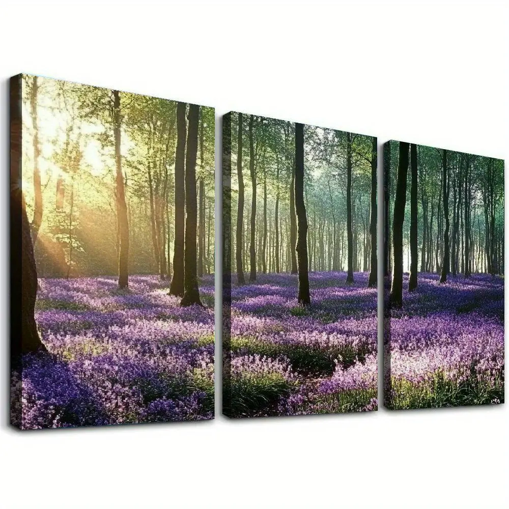 2D canvas, 3-piece set of wooden framed lavender forest canvas wall art, purple flower tree natural landscape painting, living room wall decoration, ready to hang, home decor, landscape canvas painting, floral artwork