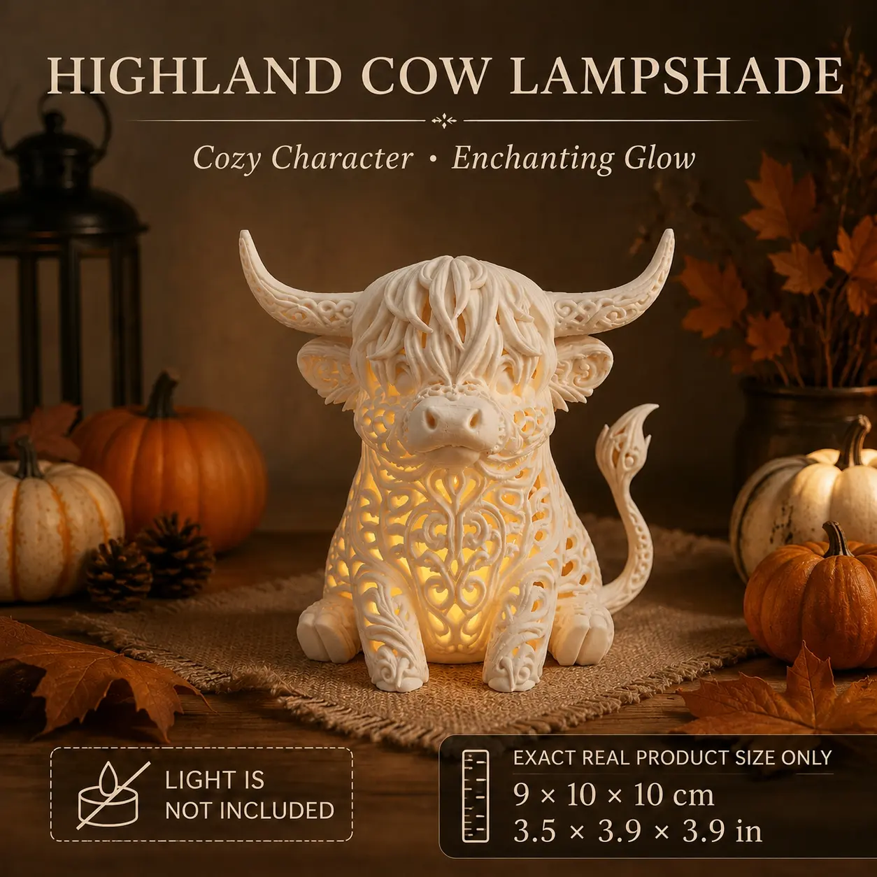 Highland Cow Lamp Shade for Halloween Decor, Cute Cow Head Light Cover with Warm Glow Effect, Rustic Farmhouse Tabletop Decoration,  Fall Home Decor (Light Not Included)