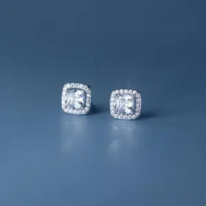 S999 Sterling Silver Square Stud Earrings – Iced Out Hip Hop Cubic Zirconia, Bling Statement Jewelry for Women