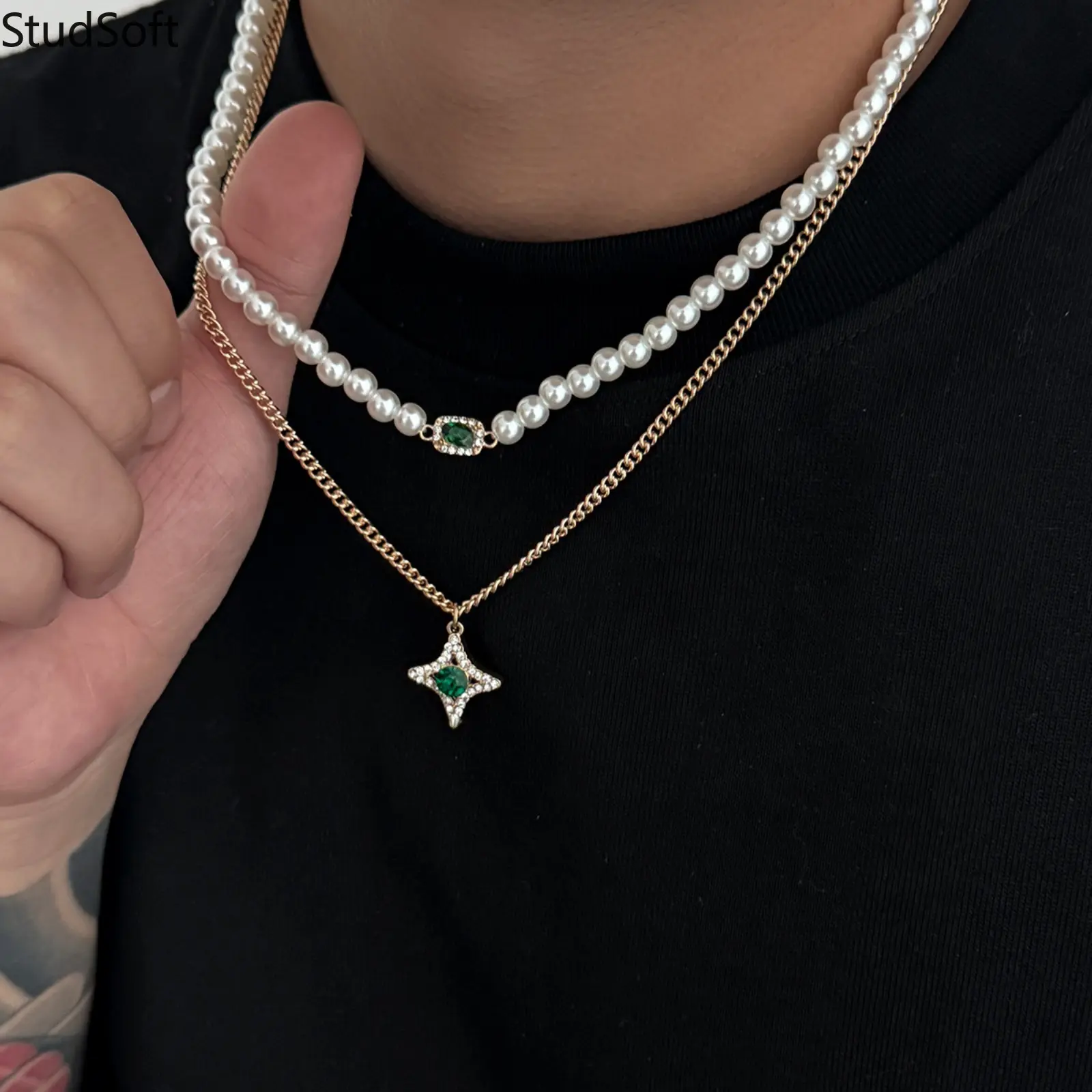 Double Layer Gold Pearl Necklace with Emerald Green Crystal Starburst Pendant, Micro Pave Cubic Zirconia Hip Hop Wear Jewelry Gift for Men,back to school,back to school haul