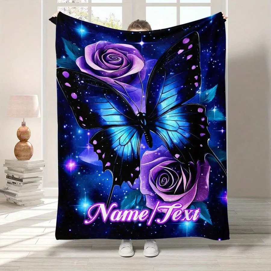 Customized Butterfly Rose Flannel Throw Blanket - Personalized Name-Text Dark Blue Starry Sky Design, Soft Breathable Wrinkle-Resistant, All-Seasons Multi-Size, Durable Fading-Resistant, Gothic Romantic Gift for Teen Girls, Bedroom Decor Couch & Bed Throw