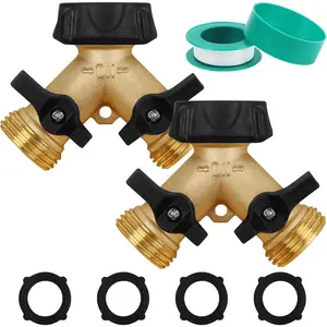2 Pack Garden Hose Splitter 2 Way, Heavy Duty Brass Connector Tap Splitter, Y Splitter 2 Valves with 4 Extra Rubber Washers