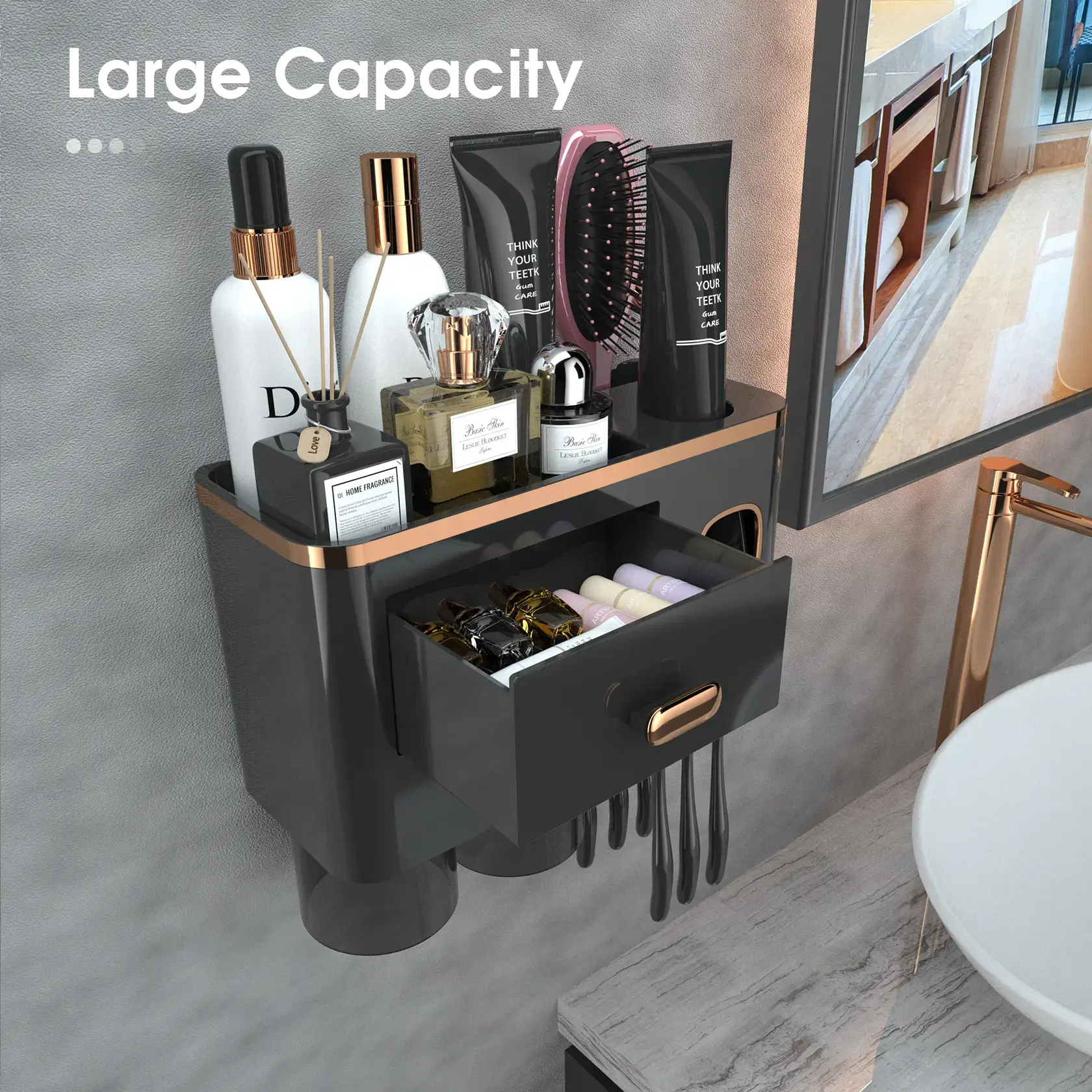 Wall-Mount Toothbrush Holder Organiser Set - Waterproof Modern Bathroom Accessory with Toothpaste Dispenser, 2 Cosmetic Drawers, Multiple Magnetic Cups, Large-Capacity Tray, Easy Installation, Mount Toothbrush Holders, Minimalist Decluttering, Family Use