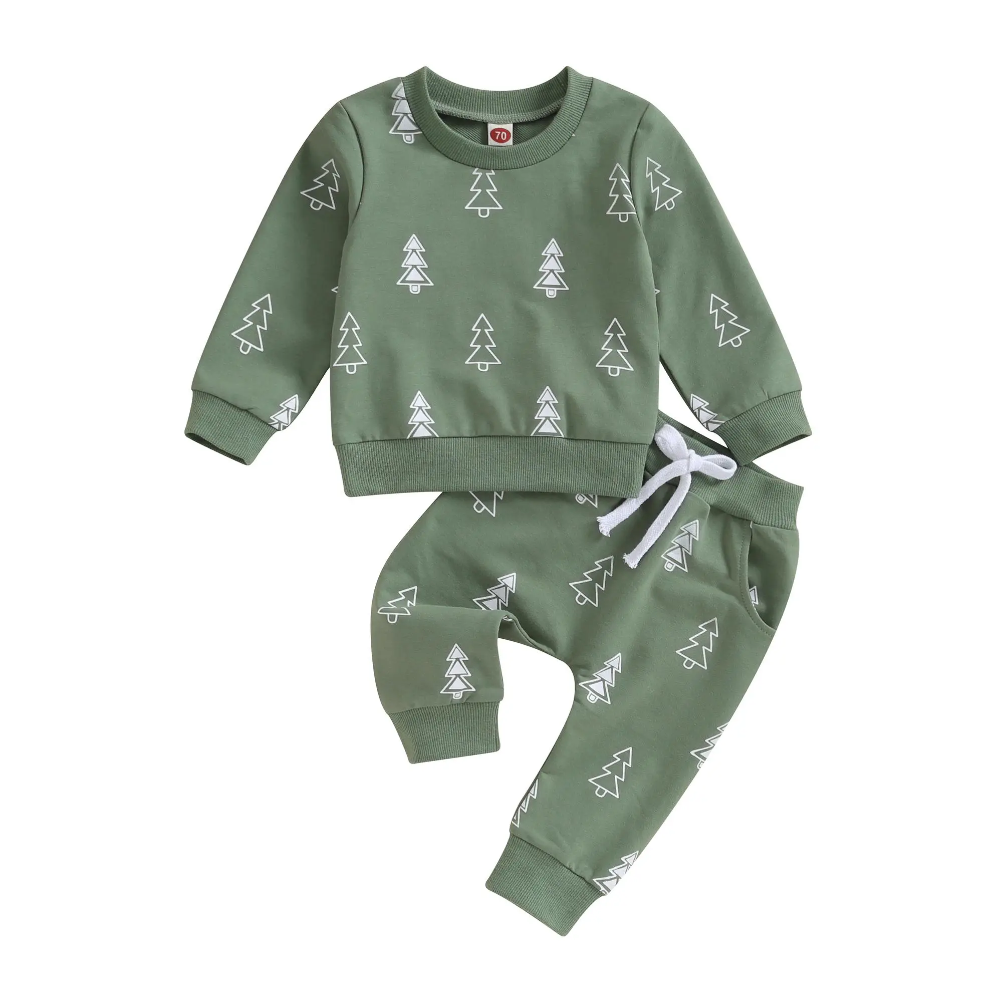 Shingpp Unisex Toddler Baby Christmas Tree Print 2 Piece Outfit Long Sleeve Crewneck Sweatshirt Jogger Pants Fall Winter Clothes Set 0-3t