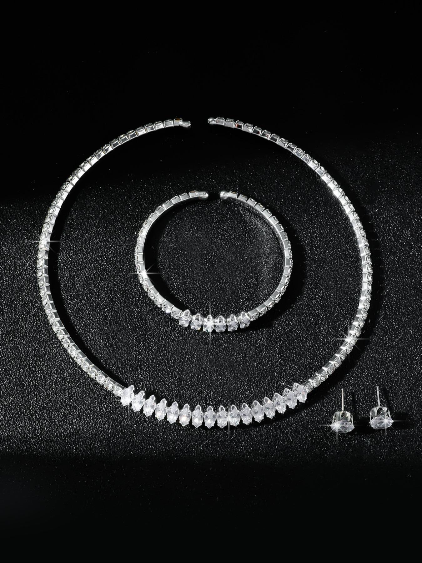 Women's Elegant Rhinestone Decorated Jewelry Gift Set, Exquisite Trendy Necklace & Earrings & Bracelet, Chic Fashionable Jewelry Set for Party & Daily Clothing Decor, Matching Jewelry Set, Jewellery Gift Set