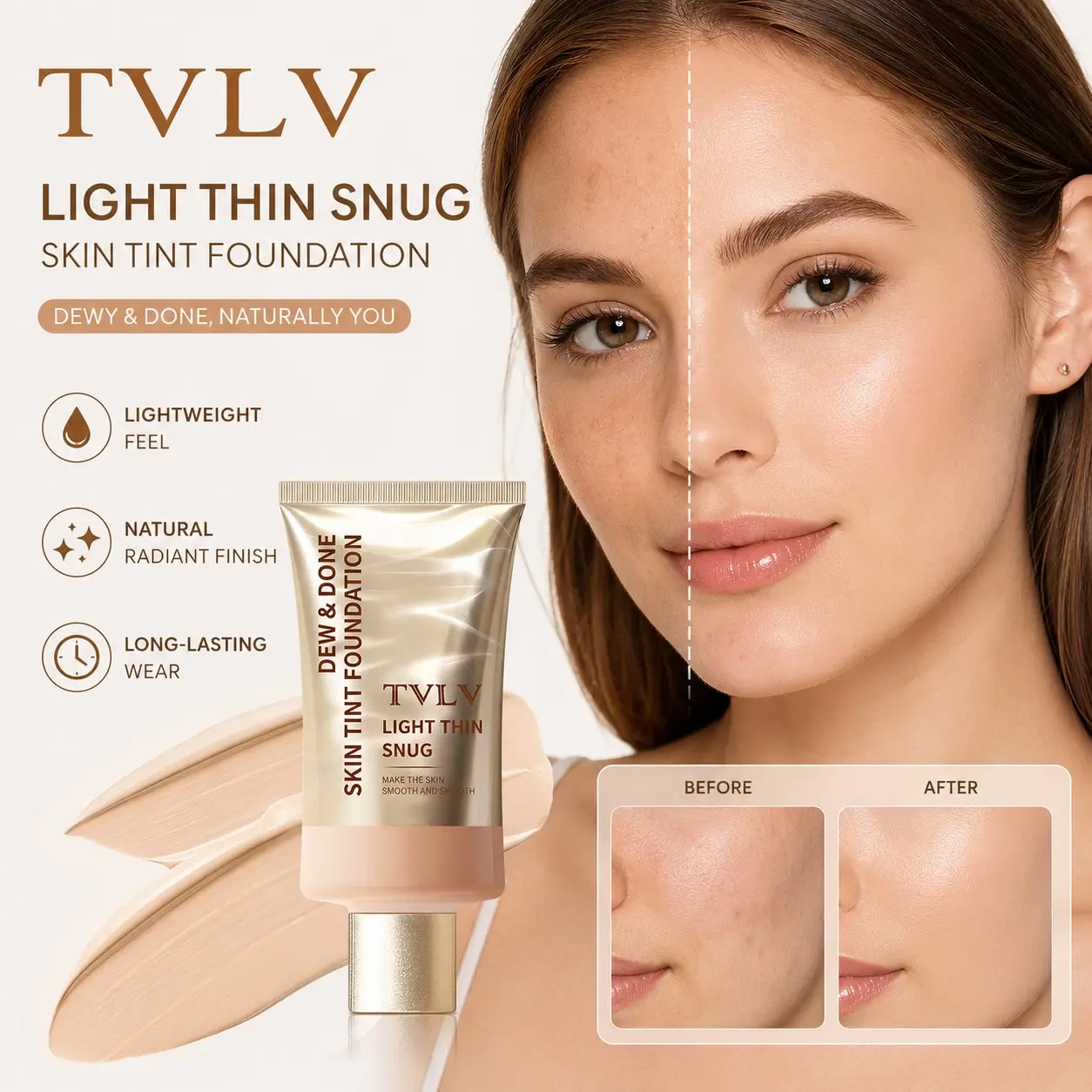 TVLV Lightweight Nourishing Concealer Foundation, Hydrating, moisturizing, concealing, waterproof and sweat-resistant, easy to apply with long-lasting makeup effect, creating sheer, plump and natural soft matte skin