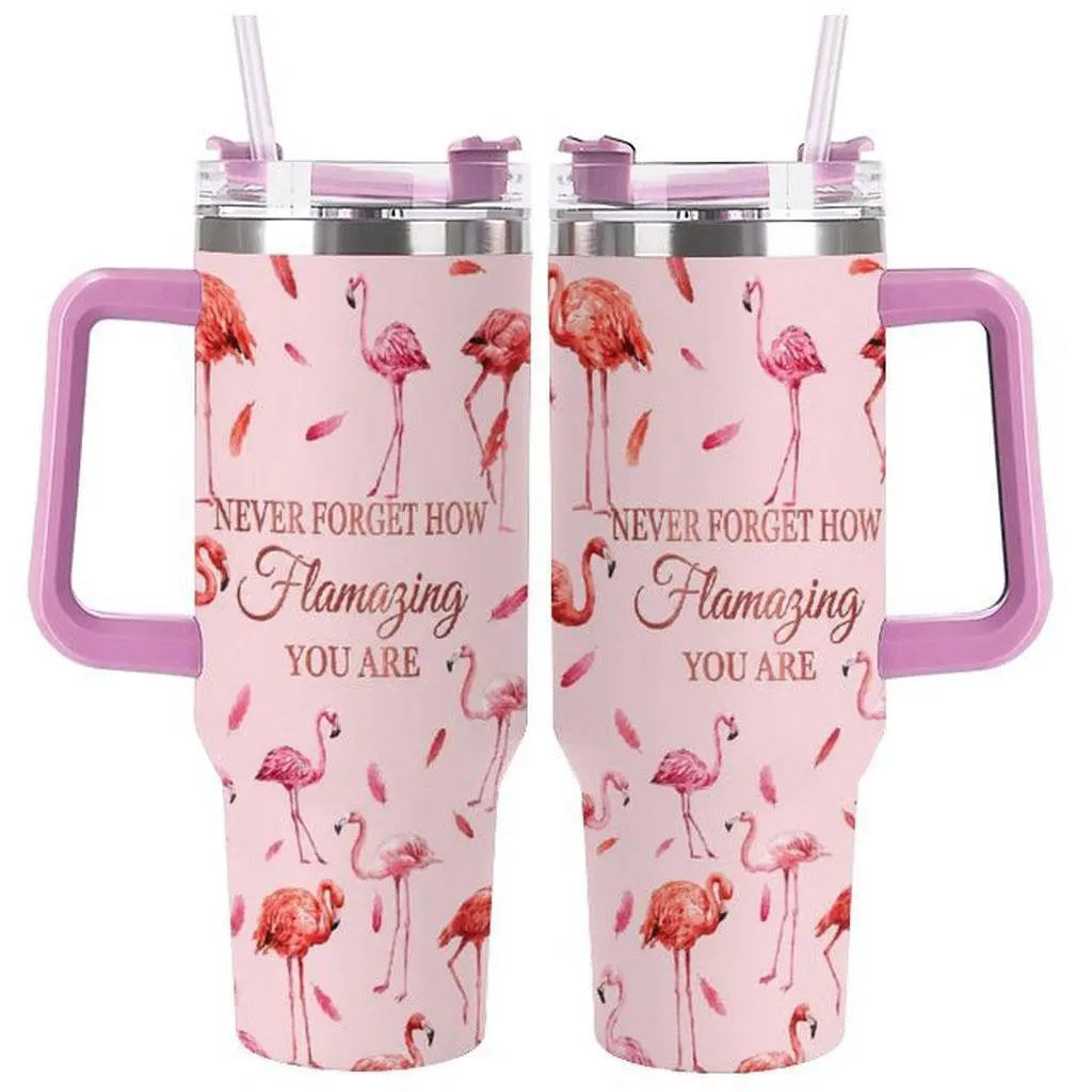 Never Forget How Amazing You Are Tumbler, Pink Watercolor Flamingo Design, Inspirational Insulated Travel Cup for Women