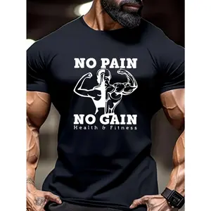 Men'S Trendy Graphic Tee with The Print 'NO PAIN NO CAIN', a Must-Have for Fitness Enthusiasts! The 'NO PAIN NO GAIN' Muscle Man Print T-Shirt Is an Inspiring Sports Tee That Showcases Strength