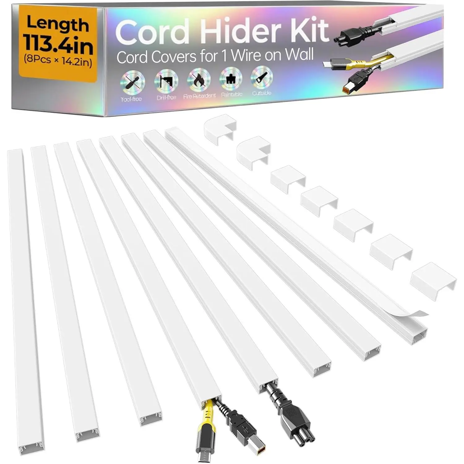 113.4in Cord Hider Kit, Cord Covers for 1 Wire  Wall, Self-Adhesive  Hider Wire Covers for Cords  Wall, Paintable Cord Hider for Walls Mount Tv,  Cover Raceway, W0.59 H0.4in, White