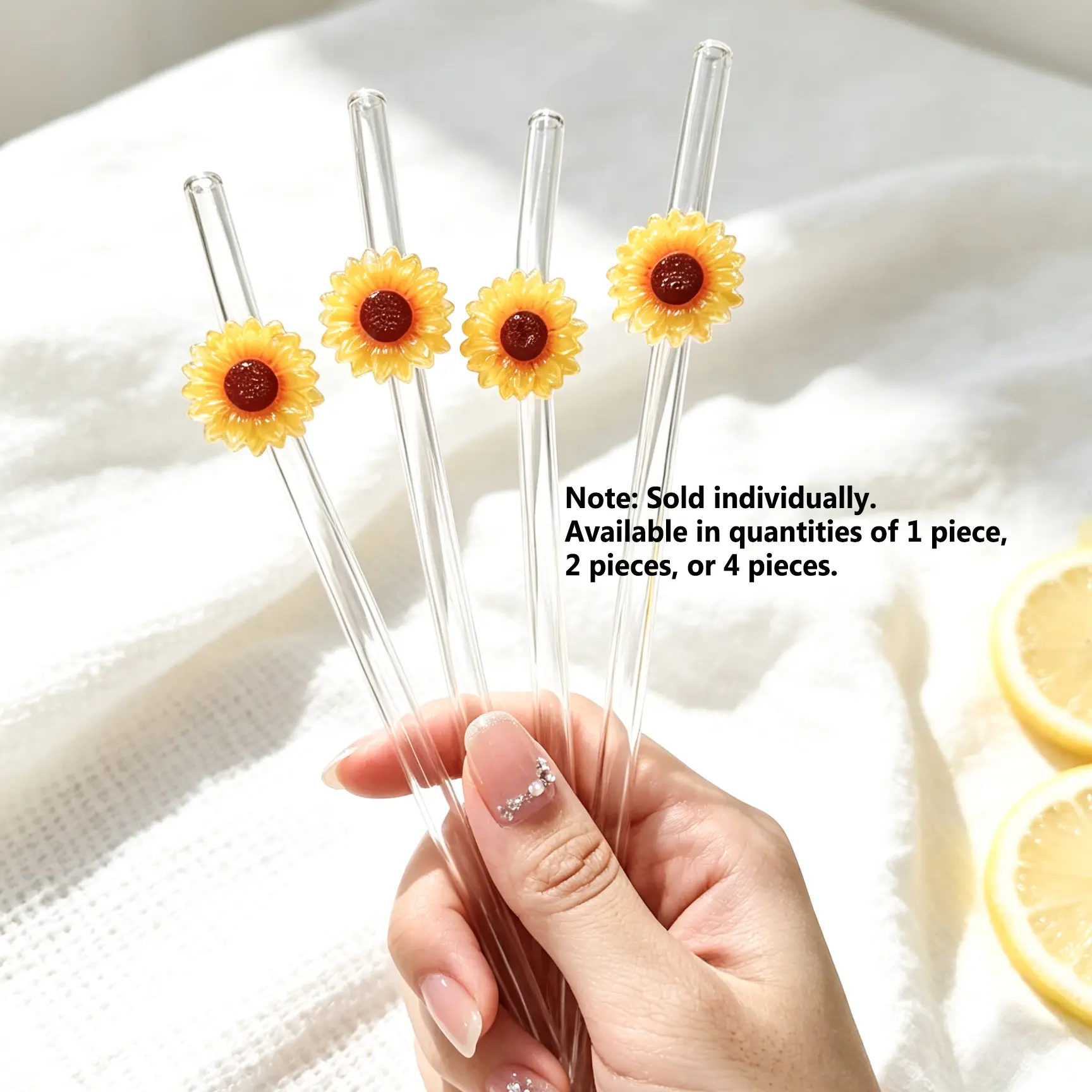 Cute Sunflower Glass Straw, Transparent Thick High Borosilicate Reusable Straw, Kitchen Accessory, Cold Drink, Coffee, Juice, Bar, Home, Restaurant, Festival Gift, Drinking Straws, Clear Straws