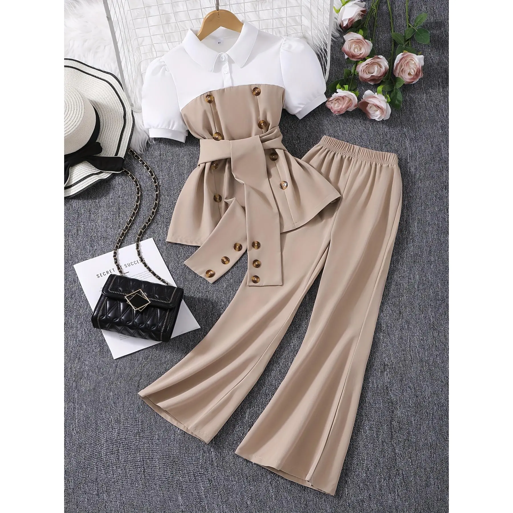 New Ss26 Fashion Lightweight School Outfit, 8- Girls' Set Spring Summer French Temperament Patchwork Two-Piece Set Daily/First Day of School/Back-To-School Outfit, for Outdoor, For Teenager