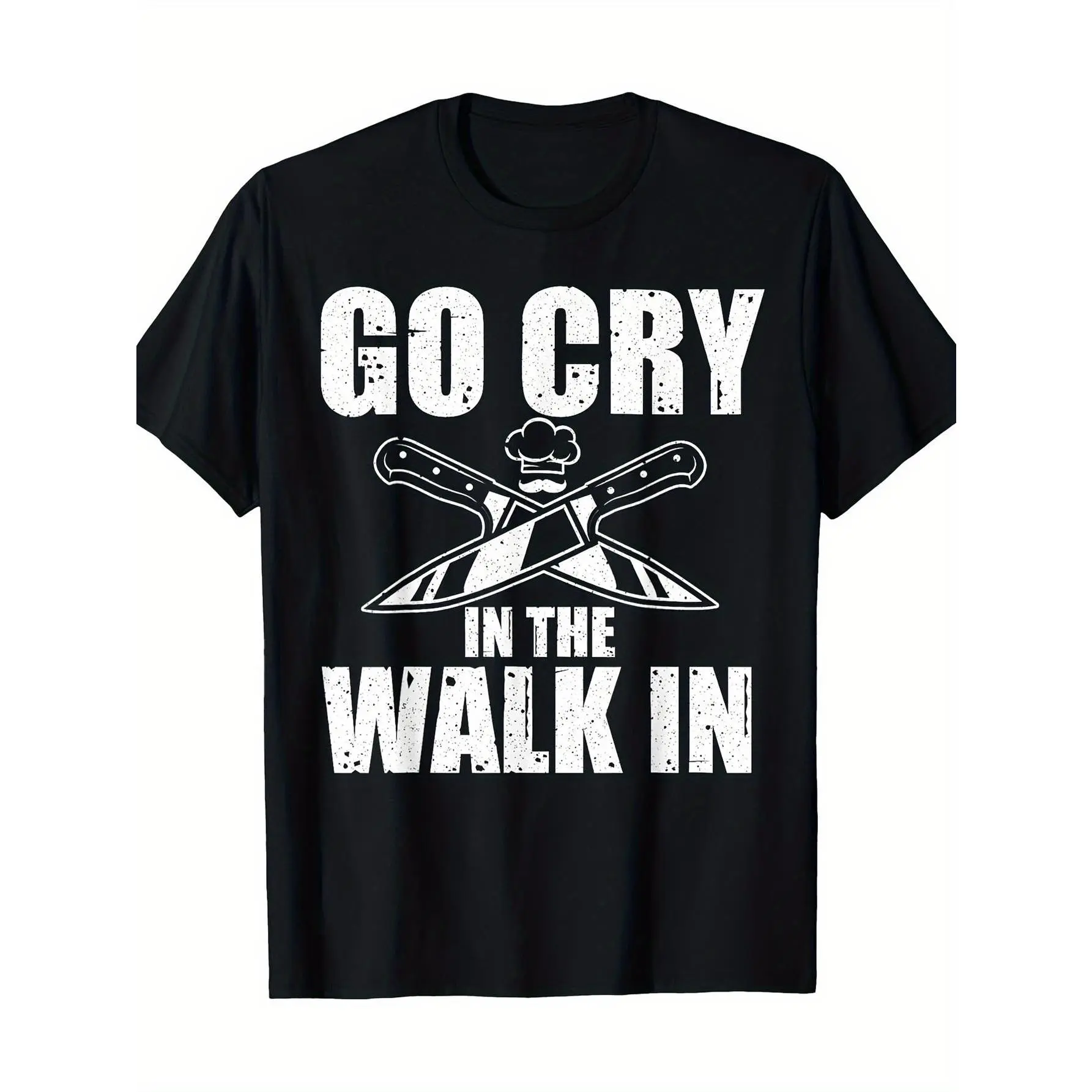 Funny Chef Cooking T-Shirt - GO CRY IN THE WALK IN Graphic Tee - Heavyweight 220Gsm Shirt for Chefs, Home Cooks - Black with Crossed Knives Design - Regular Fit Short Sleeve Crewneck - Machine Washable Culinary Apparel, Foodie Fashion