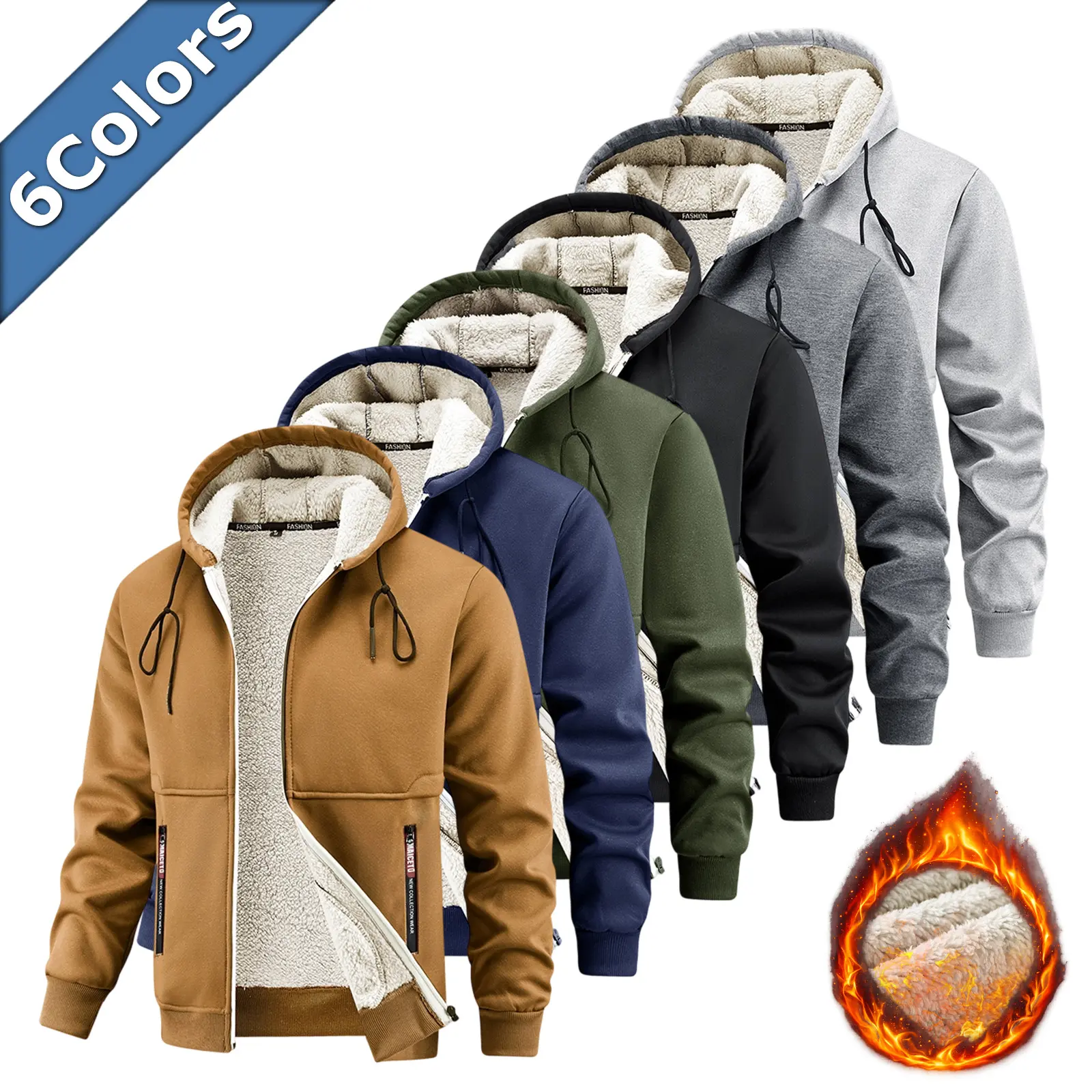 Men's Sherpa-Lined Full-Zip Hoodie - Thick Warm Fleece Jacket, Thermal Tops with Zipper Pockets, Drawstring, Stylish Menswear for Cold Fall Winter, Rugged Workwear/Streetwear, 6 Colors, Long Sleeve, Full Zip Neck