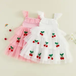 Toddler Baby Girls Slip Dress Sleeveless Cherry Layered Tulle Dress Summer A-line Dress for Holiday Dress