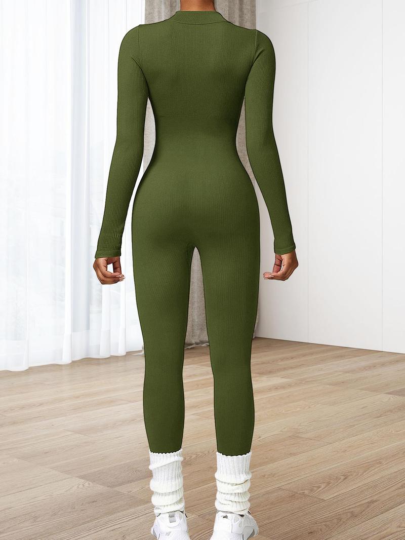 Women's Solid Zip Up Stand Collar Sports Jumpsuit, Fitness Long Sleeve Seamless Jumpsuit for Yoga Gym Workout, Holiday Outfits, Ladies' Sport Clothes Clothing, Tummy Control