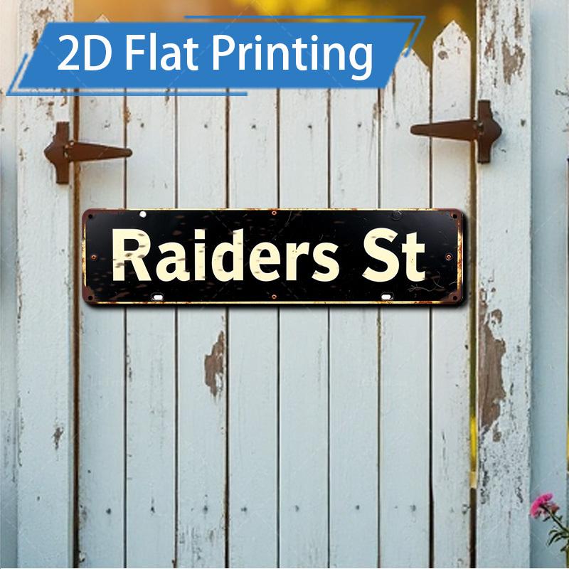 [2D FLAT] 1pc Metal Sign, 4x16inch Retro Raiders Street Sign Metal Wall Art for Outdoor Garden or Home Decor, Vintage Style with 2D Flat Printing Finish Wall Art Aluminum Painting Ideal for Porch Outdoor Garden Bar Home Decor Gifts, New Years Decorations