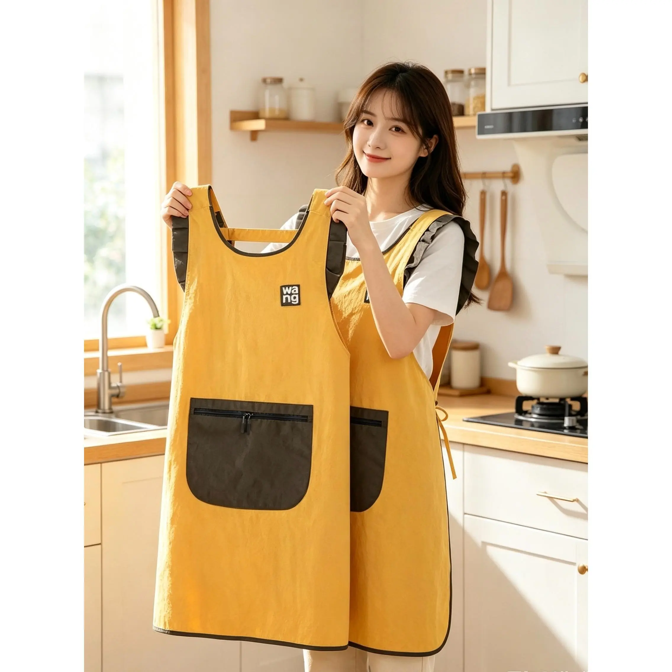 Color-Block Puff Sleeve Apron, Fashionable And Trendy Cooking Waist Apron with Pockets, Durable Baking And Florist Apron Wholesale, Ruffled Vest-Style Apron, Japanese Minimalist Sleeveless Apron