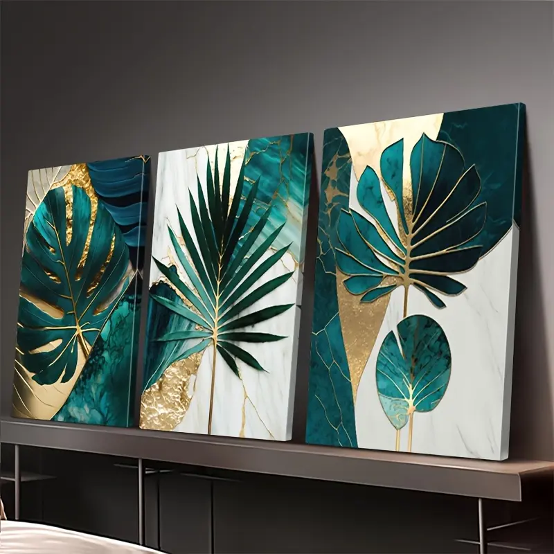 2D flat, framed, two-dimensional, 3-piece framed high-quality canvas, fashionable space-inspired Monstera, palm leaf plant art print poster, gold-plated style art poster, gold and turquoise, white marble background, for cafes, bars, living rooms