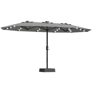 15FT Double-Sided Rectangular Patio Umbrella with 36 Solar LED Lights & Heavy Duty Base – UV Resistant, Waterproof, Windproof Outdoor Market Umbrella for Poolside, Lawn, Backyard, Deck