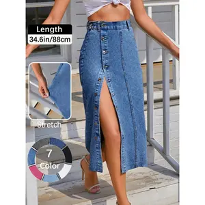 eans Women's  Button Front Light Wash Denim Split Hem Skirt, Casual Fashion Fitted Skirt for Daily Wear, Ladies Bottoms for All Seasons, Button Fly Skirt, T-Chic