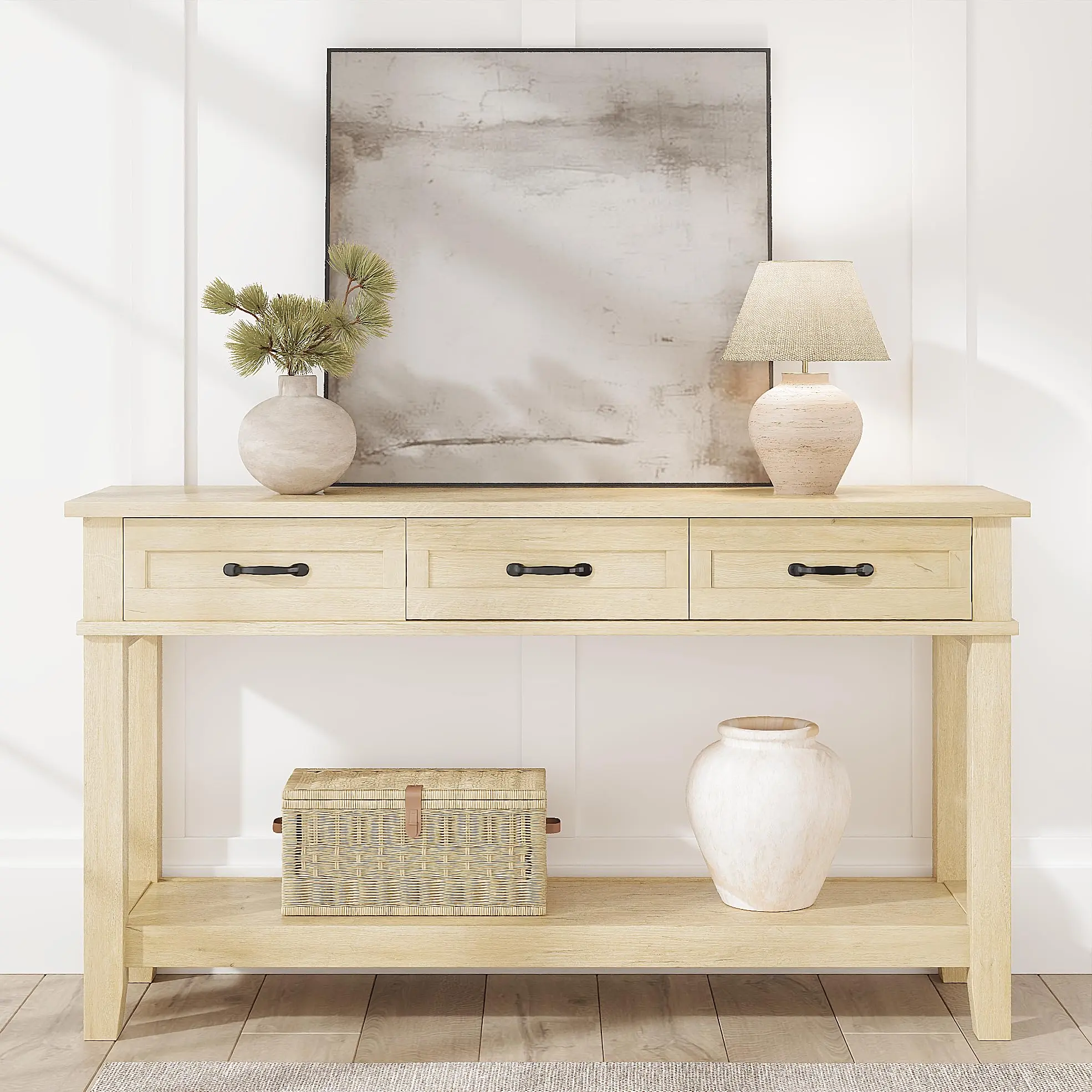 Garvee Farmhouse Entryway Console Table, 54 Inch Sofa Table with 3 Drawers & Open Storage Shelf, Waterproof Easy-Clean Surface, Modern Accent Furniture for Hallway, Living Room & Behind Couch