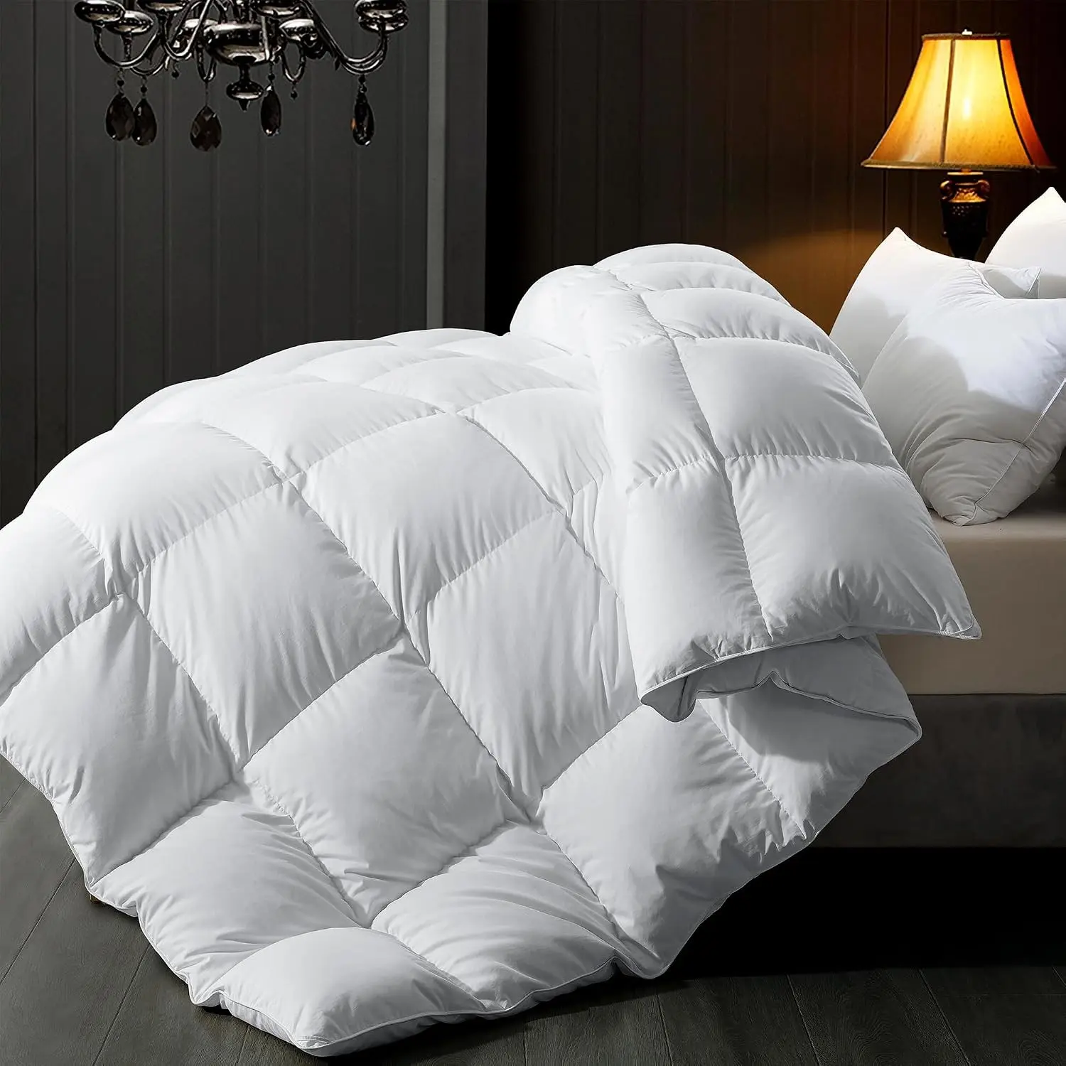 Queen Size Square Shape Feather & Downfiber Filled Duvet Insert, All-Season White Luxury Hotel Fluffy Bed Comforter, Ultra-Soft 100% Cotton, 90x90 in