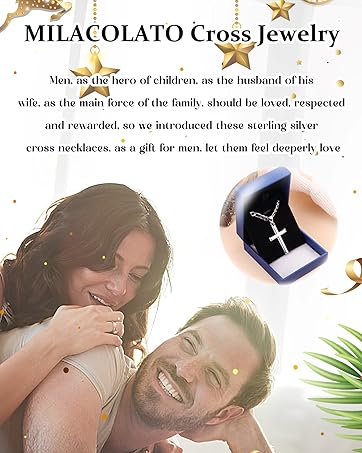 MILACOLATO Solid 925 Sterling Silver Cross Necklace for Men Women, 2mm Diamond-Cut Sterling Silver Chain with Cross Pendant Beveled Edge for Men, Silver Crucifix Cross Necklace Jewelry 16-24 Inches (Cuban Chain/Figaro Chain/Wheat Chain/Rolo Chain)