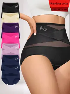 7pcs of Styles Are Randomly Sent 1pc High-Waisted Women's Underwear, Breathable Mesh, Cross Design, Ice Silk Invisible Triangle Panties, 7 Random Colors, All Seasons