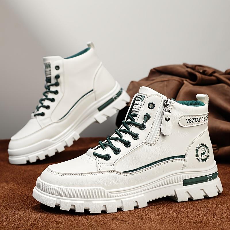 Men's Versatile Sport Ankle Boots - Casual Sport, White with Green Accents, Durable PU Upper and EVA Insole, Zipper and Lace-Up Closure, Suitable for Casual Wear - All Seasons, Athletic Shoes