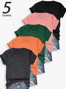 5 Pieces Women's T-shirt Casual Lightweight Round Neck Solid Color  Daily Commuter Short-Sleeve T-shirt Tops，TikTok Trending T-shirt Women ，Simple Outfit Murah T-shirt Wanit,Comfortable Fabric