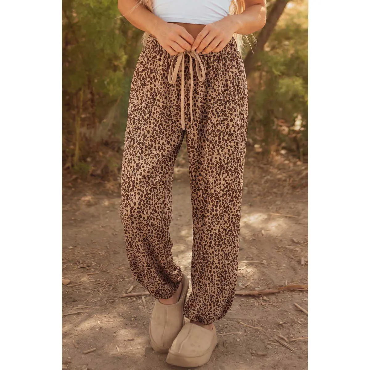 Women's Khaki Leopard Print Pants - Drawstring Waist, Patch Pockets, Adjustable Bottoms, Elastic Fabric, Women's Fashion Bottoms