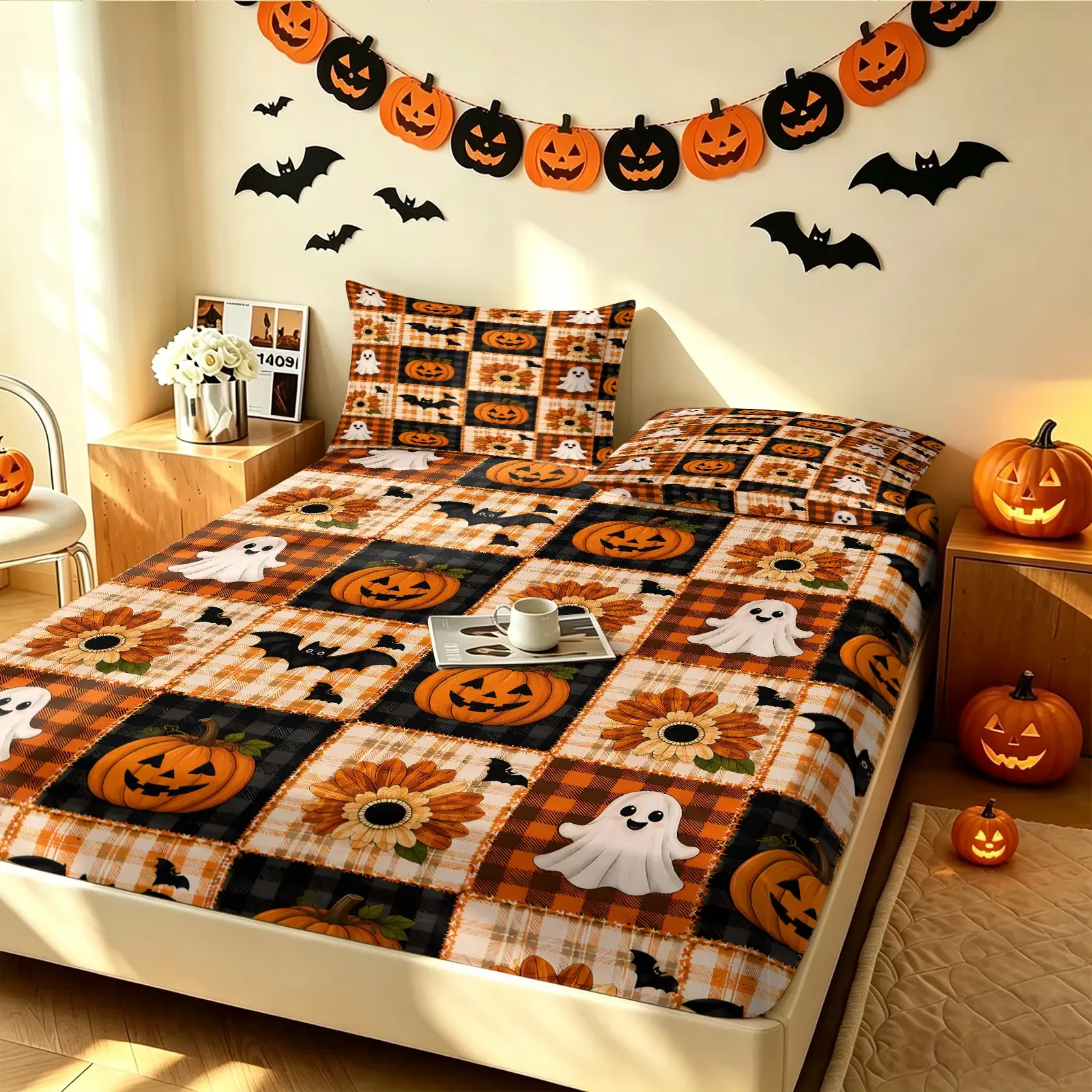 3Pcs Vintage Farmhouse Halloween Fitted Sheet, Patchwork Plaid Cute Ghost Pumpkin Sunflower Bat Print. Elastic Deep Pocket, Wrinkle-Resistant Washable. Autumn Halloween Decor For Bedroom Vacation Rental, Holiday Gift Bed Sheets