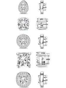5Pairs Stainless Steel Magnetic Earrings for Men Women Non-piercing CZ Hypoallergenic Round Square Teardrop Faux Diamond Halo Magnetic Stud Earrings Set