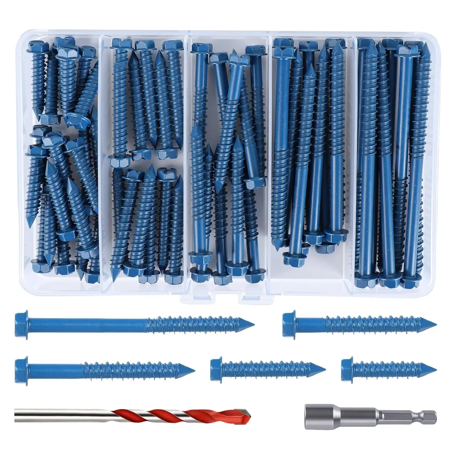 1/4" Hex Head Concrete Screws Anchor Kit, 60 PCS Blue Concrete Screws for Masonry, Cement, Block, Brick or Stucco