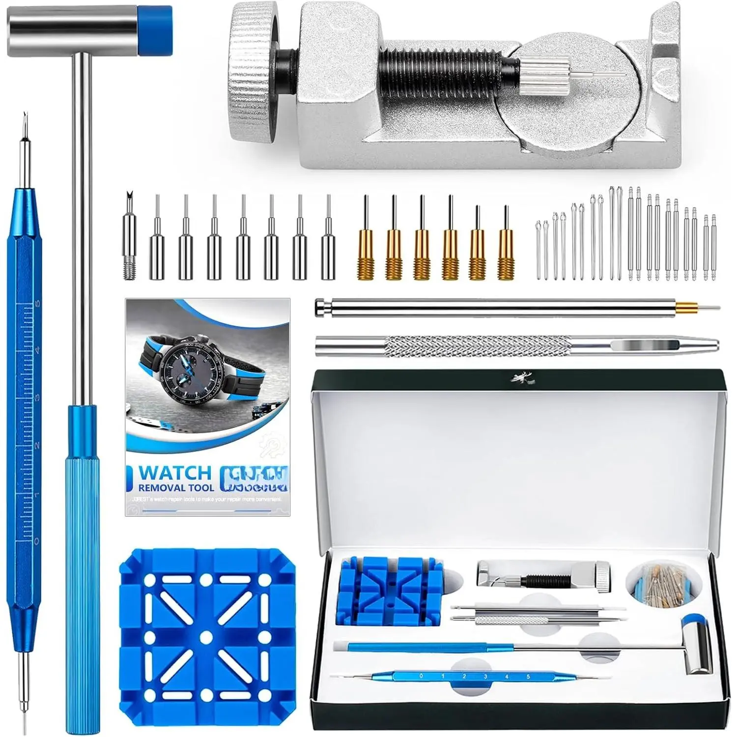 Watch Link  Kit, Watch Band Tool for Watch Repair, Bracelet Adjustment,  and Resizing, Watch Strap Link Remover, with 10 Spring Bars, 10 Pins, User Manual