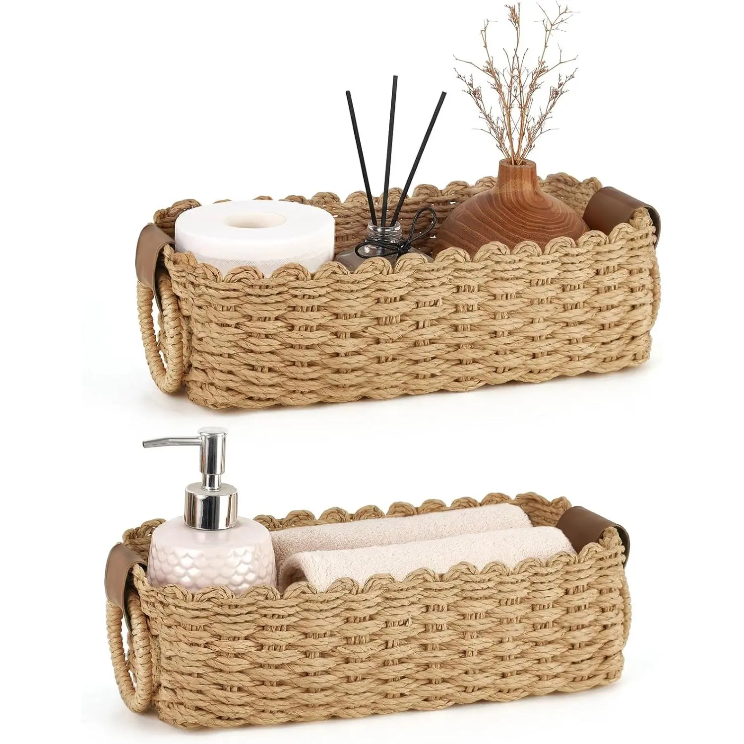Mkono 2-Pack Small Smooth Minimalist Leather Woven Paper Rope Baskets with Handles, Lightweight Decorative Storage Bins for Toilet Shelves, Countertop Home Organizers, Set