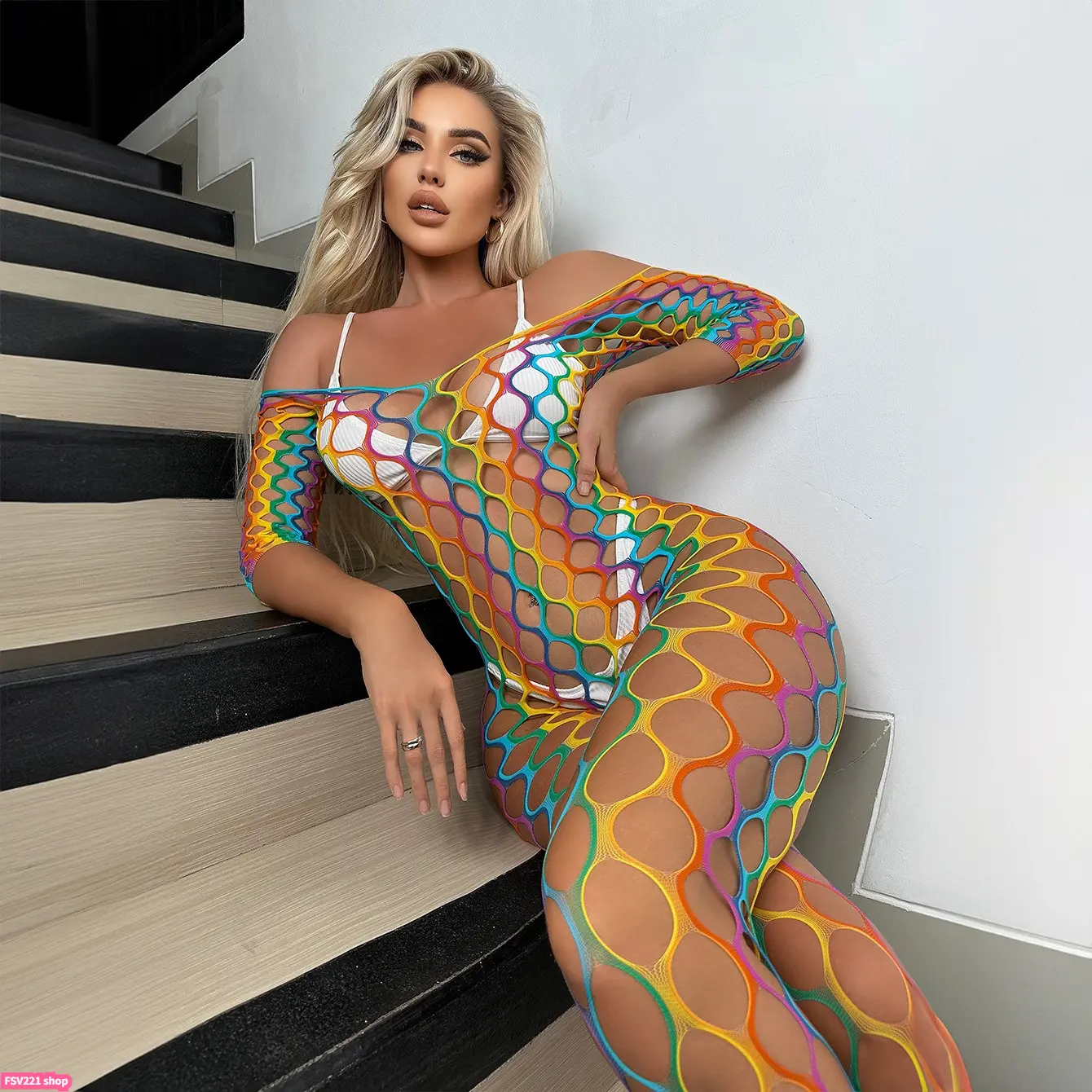 Women's Rainbow Hollow Polyester Mesh Open Crotch Full Bodysuit Costume - Fashion Accessory, Casual, Sl1469, Party Wear, Glamorous, Romantic, Elegant