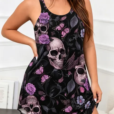 Women's Plus Size Floral Skull Print Vest Dress, Side Slit Nightdress, Sleeveless, Comfortable Nightwear, Casual Home Wear, Everyday Loungewear, Stylish and Comfy, Perfect for All Seasons, Summer Sleepwear, Night Gown Loungewear