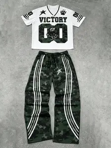 Unisex 2Pcs Matching Outfit White V-Neck Cropped Football Jersey + Digital Camo Side White Strip Wide Leg Pants with Victory Leopard Paw & Star Print American Varsity Sports Tracksuit