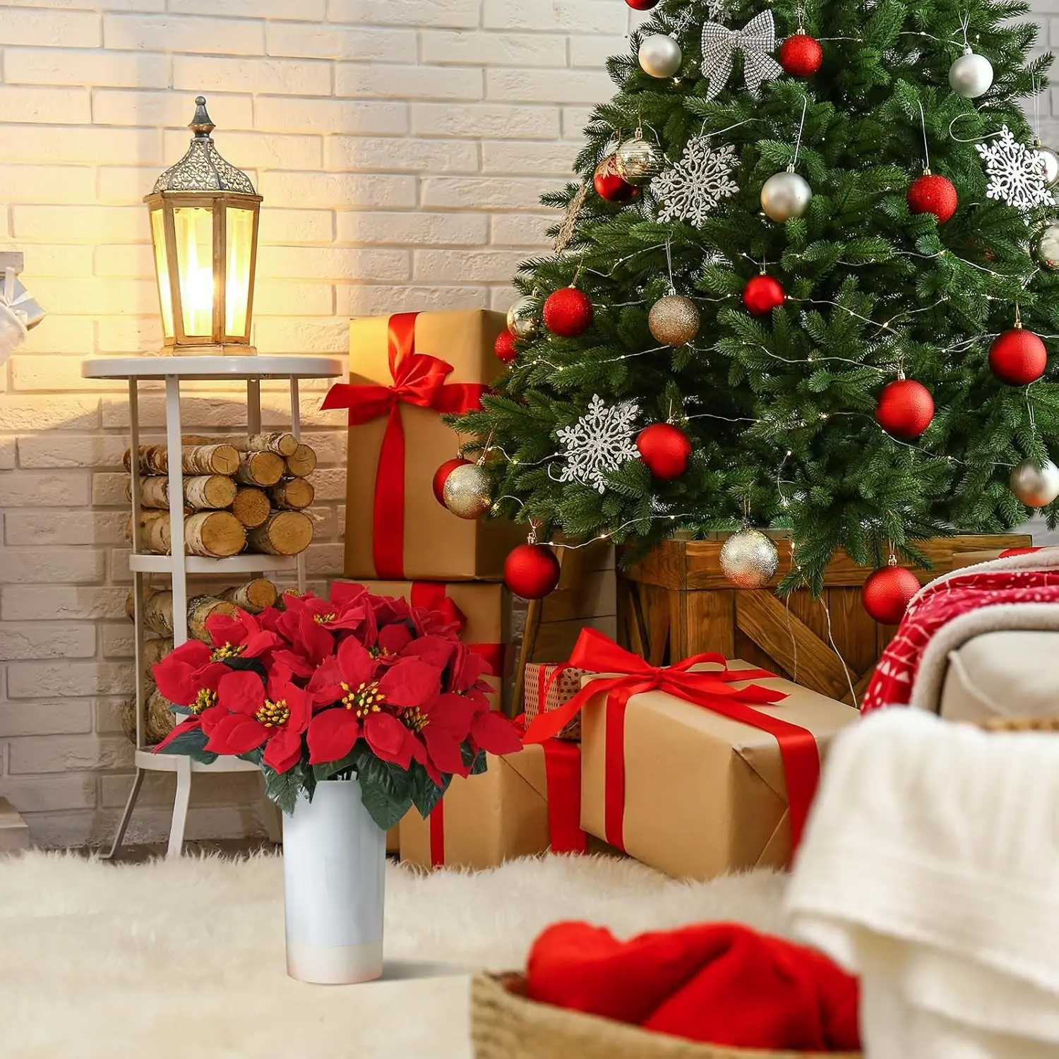 6pcs Artificial Christmas Flower Stems, Bendable Metal Wire Stems, Holiday Decor for Trees Wreaths Tables, Perfect for Christmas Decoration