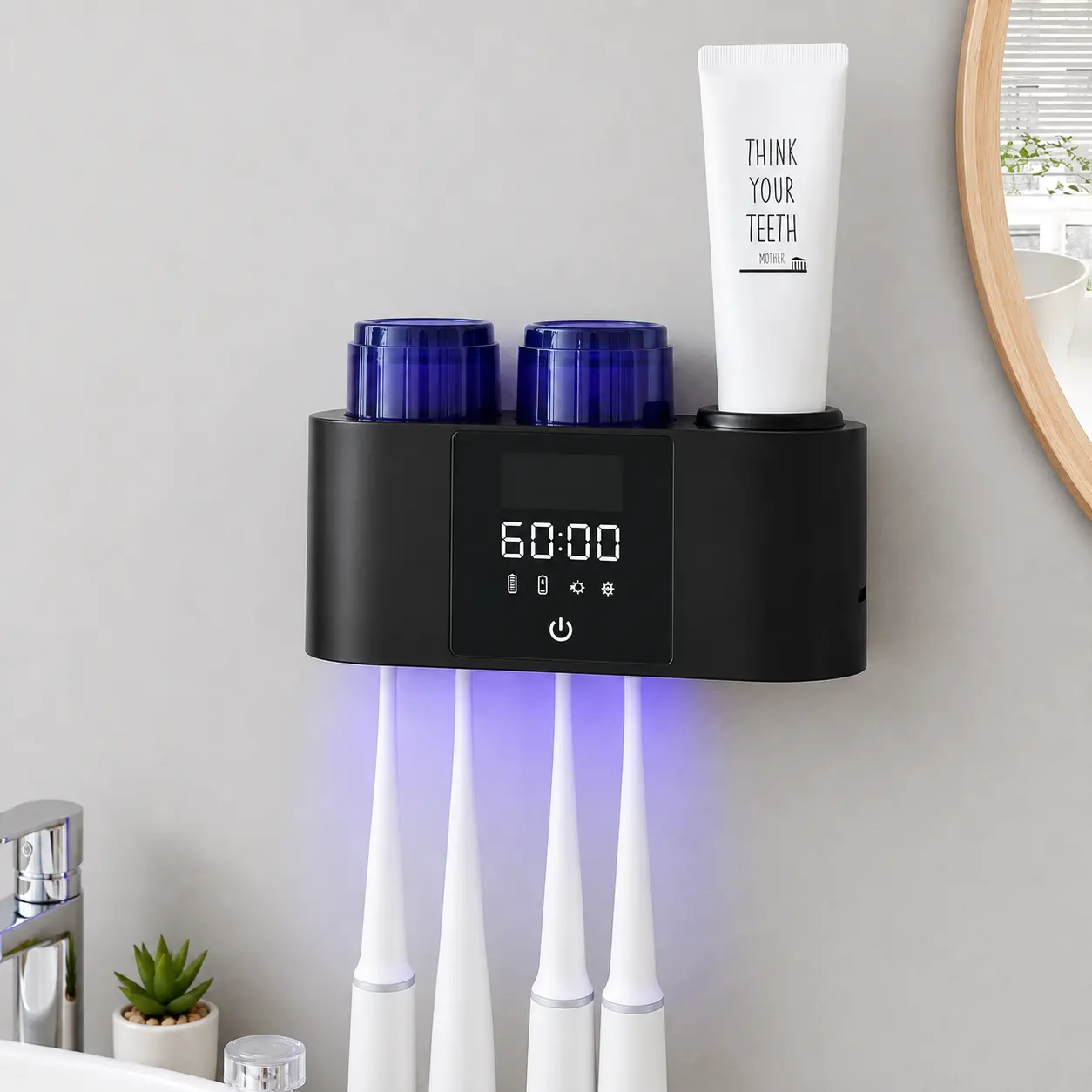 Wall-Mounted Toothbrush Holder for Bathroom with Sanitizing Function, Dual Rinse Cups, Toothpaste Storage & Digital Display, Smart 6-Hour Auto Cycle, Space-Saving Family Oral Care Organizer