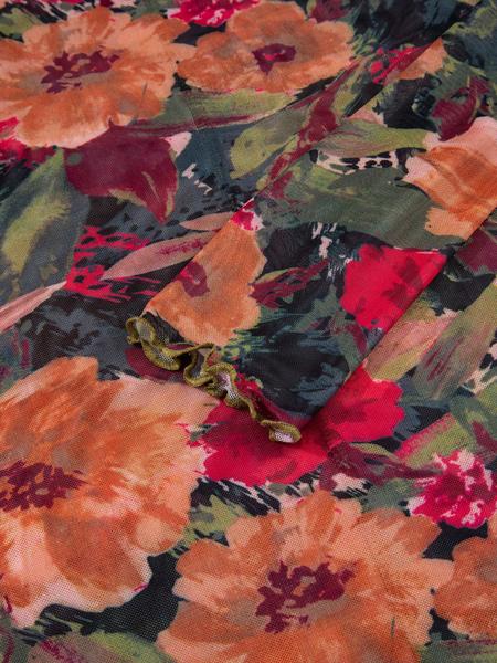 Floral Print Mesh Long Sleeve Top, Women's Casual Round Neck Ruffle Hem Blouse, Spring & Fall Fashion