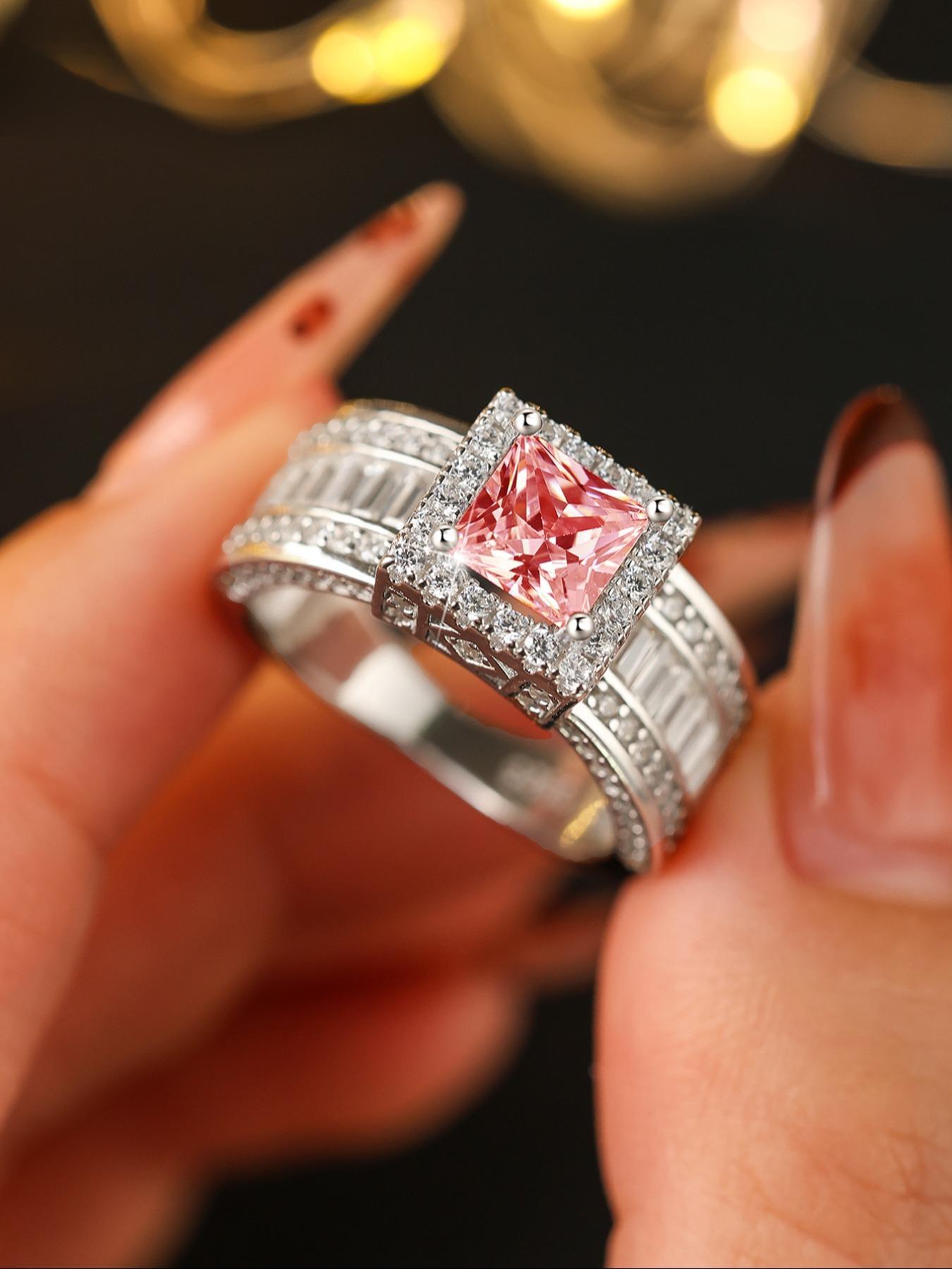 S925 Sterling Silver Fashion Pink artificial Zircon Decorated Emerald Cut Solitaire Ring, Luxury, Fashion Jewelry Accessories for Women, with Box