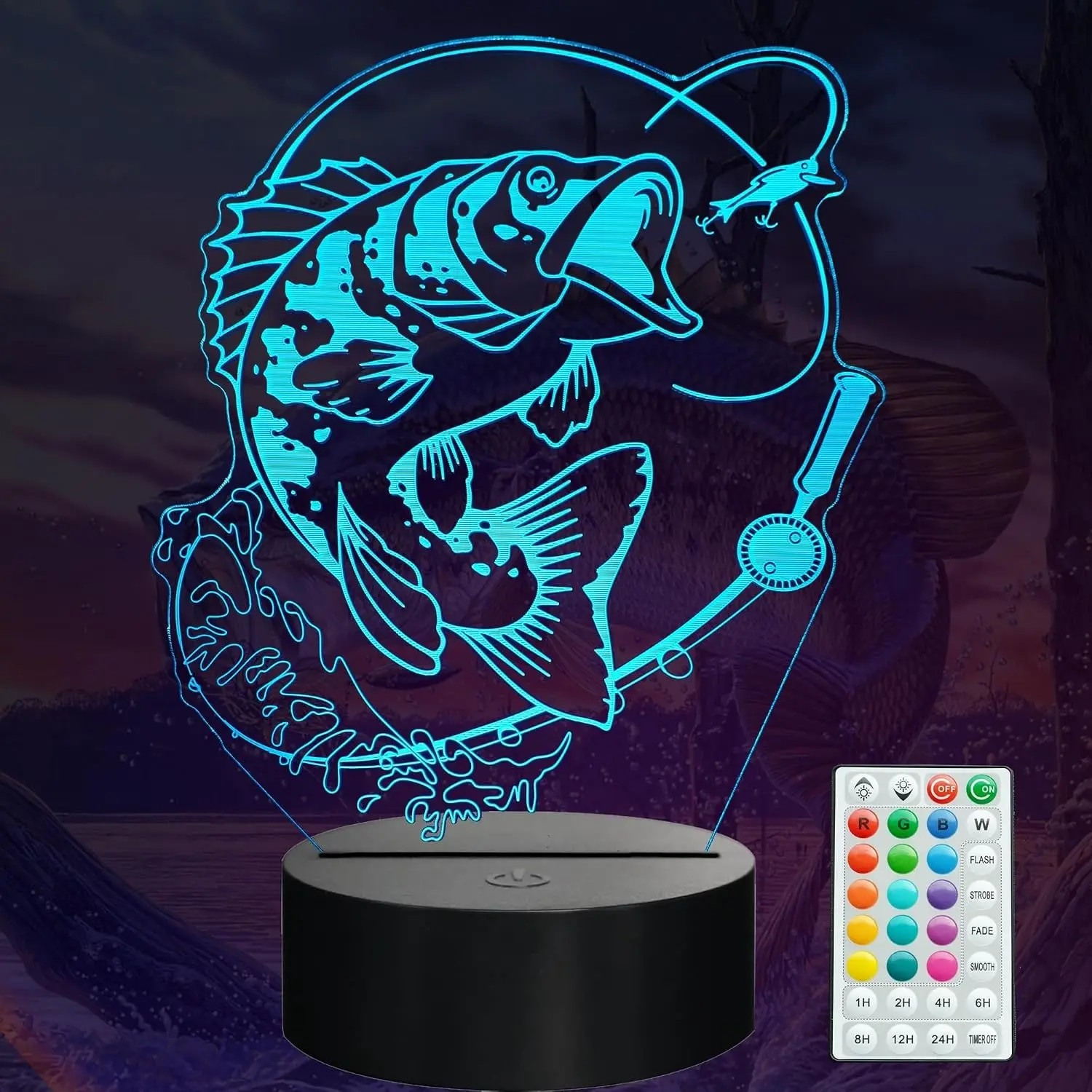 Fish Night Light, Fish 3D Illusion Lamp, Go Fishing Man Gifts with 16 Colors Changing, Timer, 4 Flash Modes and Dimmable, Kids Room Decoration, Xmas Fishing GiftsGift.
