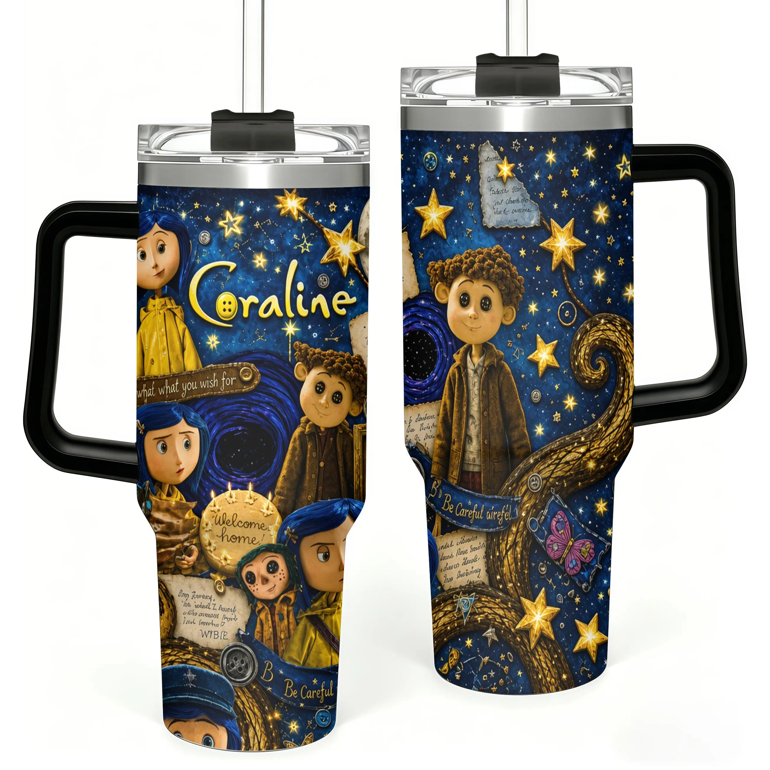 Coraline Other World 40oz Tumbler, Button Eyes Spooky Insulated Mug with Handle, Collector Edition, Gothic Aesthetic Gift